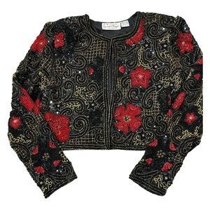 Vintage Laurence Kazar Crop Bolero Jacket Sequin Beads Silk Shoulder Pads Size L